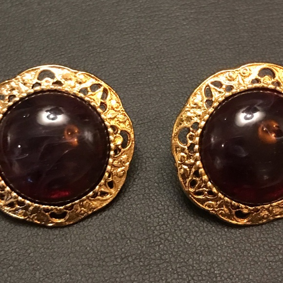 Vintage Circular Dark Red Caboschons Earrings - Picture 3 of 5